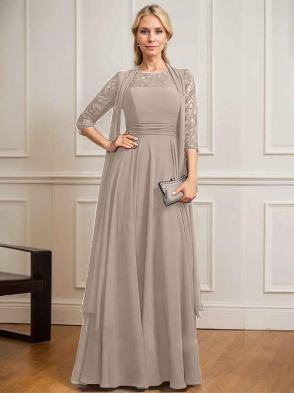 A-line Scoop Illusion Floor-Length Lace Chiffon Mother of the Bride Dress With Pleated