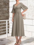 A-line V-Neck Tea-Length Lace Chiffon Mother of the Bride Dress With Pleated
