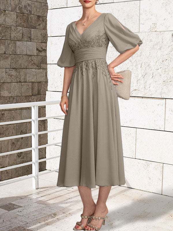 A-line V-Neck Tea-Length Lace Chiffon Mother of the Bride Dress With Pleated