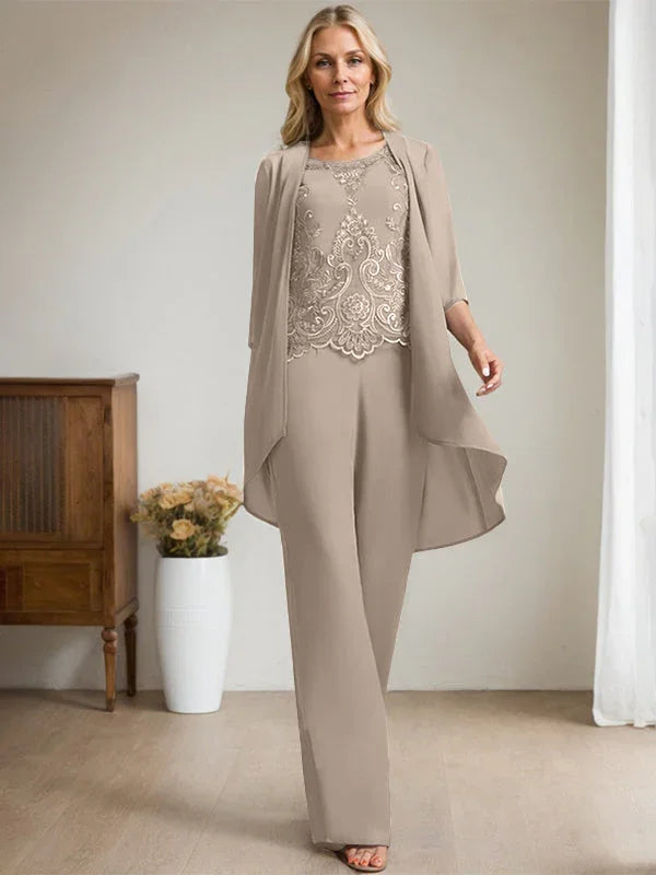 Getrennter Overall/Hosenanzug mit Rundhalsausschnitt, bodenlang, aus Chiffon und Spitze, Mutter-des-Brautkleides mit Perlen und Pailletten