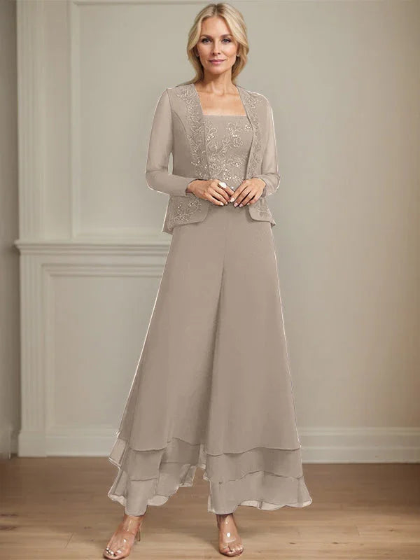 Getrennter Overall/Hosenanzug mit quadratischem Ausschnitt, knöchellang, aus Spitzenchiffon, Brautmutterkleid mit Pailletten