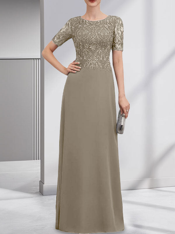 A-line Scoop Floor-Length Lace Chiffon Mother of the Bride Dress With Sequins