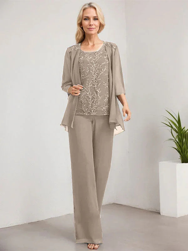Mono/Pantalón Separado con Escote Redondo, Largo hasta el Suelo, de Encaje y Gasa, Vestido de Madre de la Novia con Lentejuelas