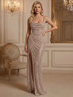 Silver Sequin Cowl Neck Ruched Long Prom Dress With High Slit