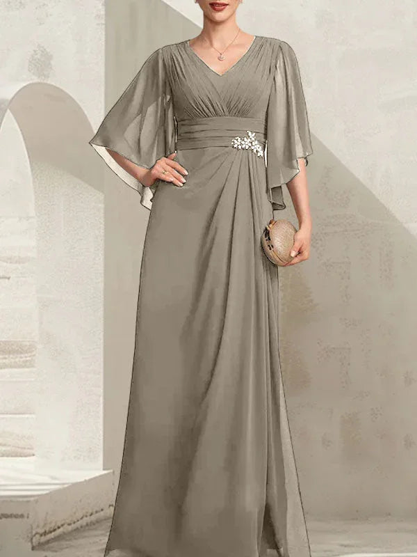 Vestido de madrina de novia de gasa largo hasta el suelo, corte columna y escote en V, con lentejuelas plisadas y abalorios