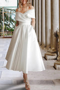 Robe de mariée en satin de plage longueur thé, épaules dénudées, avec poches