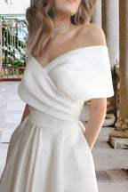 Robe de mariée en satin de plage longueur thé, épaules dénudées, avec poches