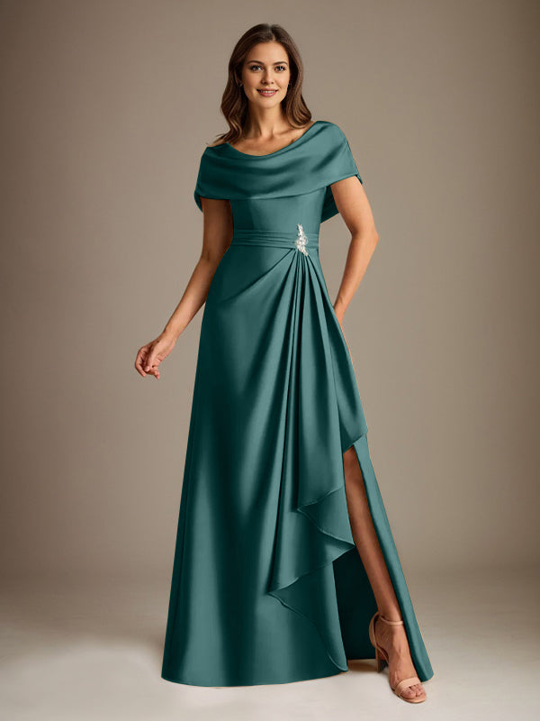 A-Line Scoop Floor-Length Stretch Satin Mother of the Bride Dress With Cascading Ruffles