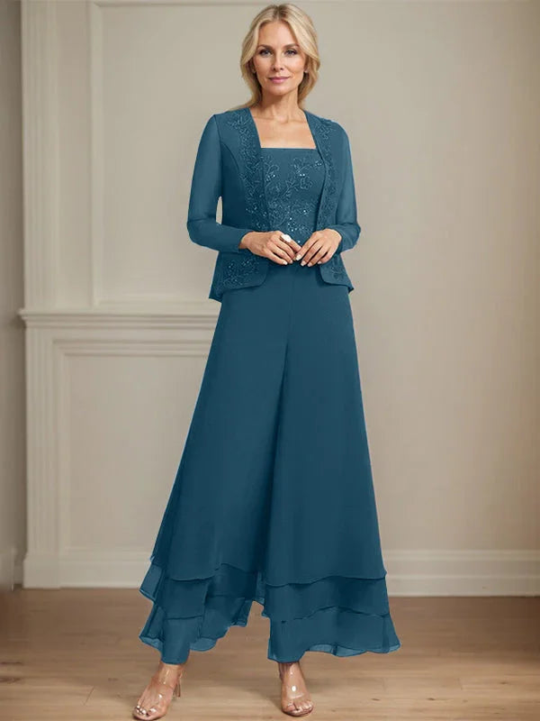 Getrennter Overall/Hosenanzug mit quadratischem Ausschnitt, knöchellang, aus Spitzenchiffon, Brautmutterkleid mit Pailletten