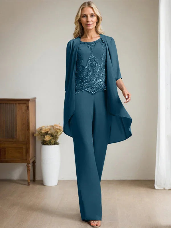 Getrennter Overall/Hosenanzug mit Rundhalsausschnitt, bodenlang, aus Chiffon und Spitze, Mutter-des-Brautkleides mit Perlen und Pailletten