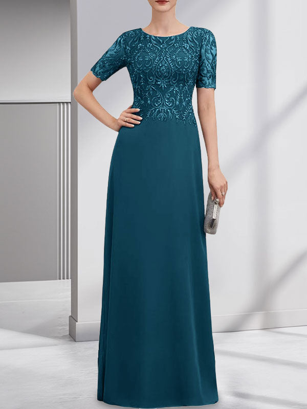 A-line Scoop Floor-Length Lace Chiffon Mother of the Bride Dress With Sequins