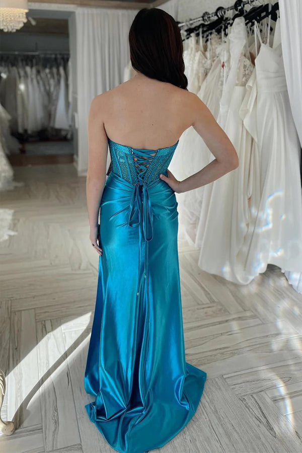Teal Rhinestone Strapless Sheath Prom Dresses Formal Dress with Slit
