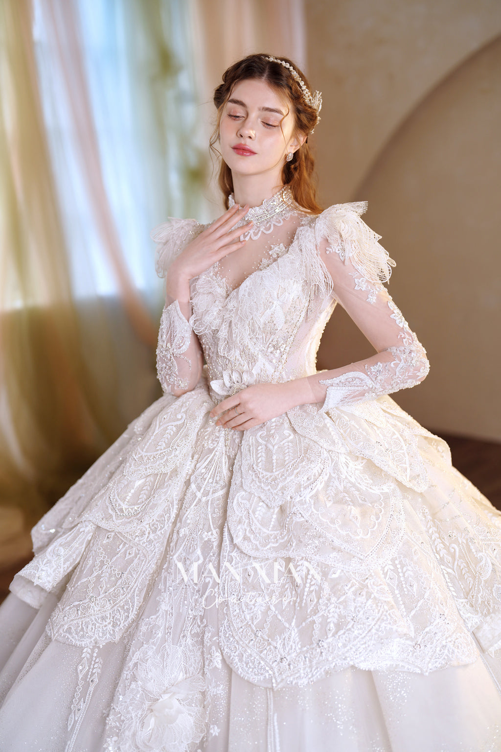 Regal High-Neck Crystal Ball Gown Wedding Dress with Ruffled Sleeves & Cathedral Train