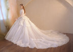 Regal High-Neck Crystal Ball Gown Wedding Dress with Ruffled Sleeves & Cathedral Train