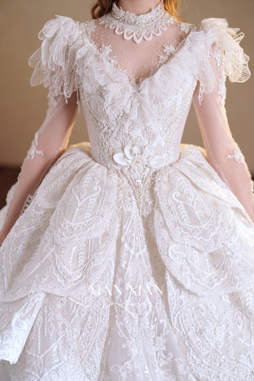 Regal High-Neck Crystal Ball Gown Wedding Dress with Ruffled Sleeves & Cathedral Train