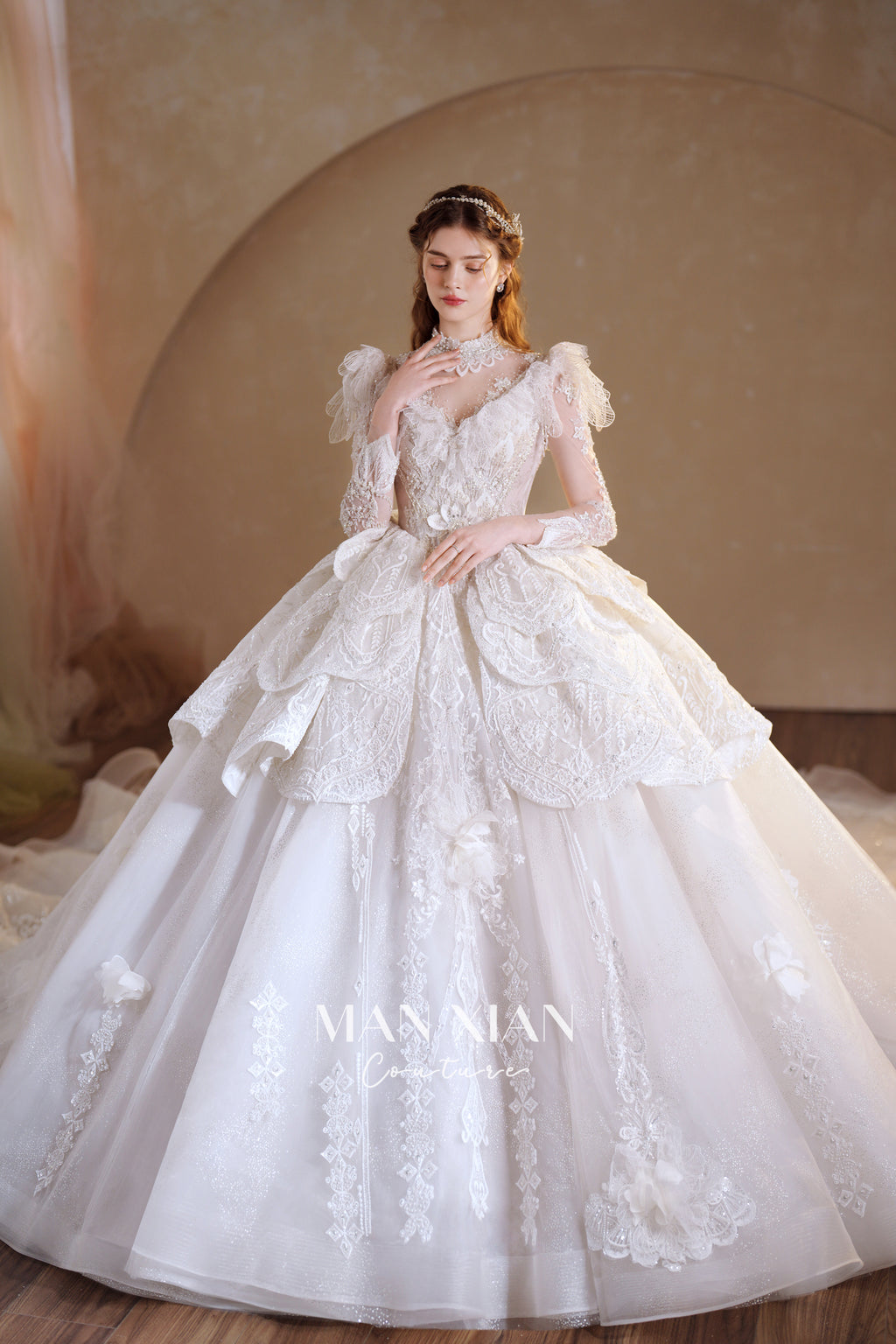 Regal High-Neck Crystal Ball Gown Wedding Dress with Ruffled Sleeves & Cathedral Train
