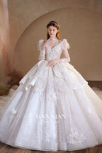 Regal High-Neck Crystal Ball Gown Wedding Dress with Ruffled Sleeves & Cathedral Train