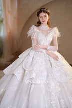 Regal High-Neck Crystal Ball Gown Wedding Dress with Ruffled Sleeves & Cathedral Train