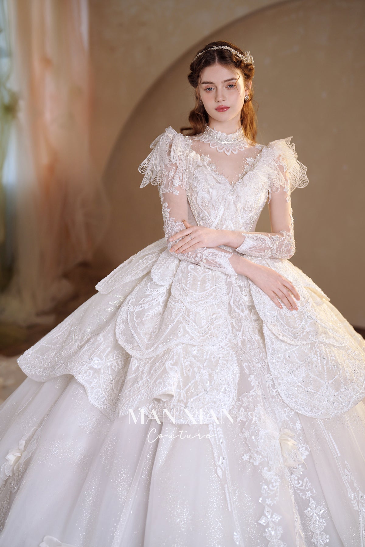 Regal High-Neck Crystal Ball Gown Wedding Dress with Ruffled Sleeves & Cathedral Train