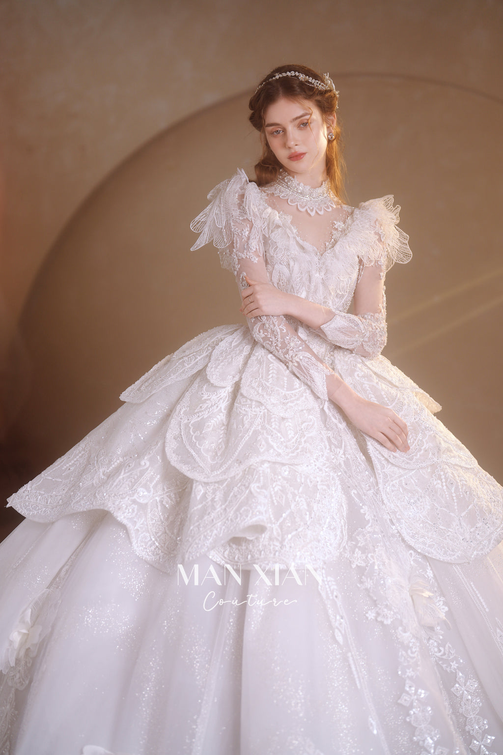 Regal High-Neck Crystal Ball Gown Wedding Dress with Ruffled Sleeves & Cathedral Train