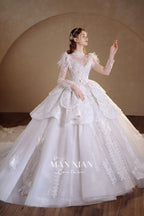 Regal High-Neck Crystal Ball Gown Wedding Dress with Ruffled Sleeves & Cathedral Train