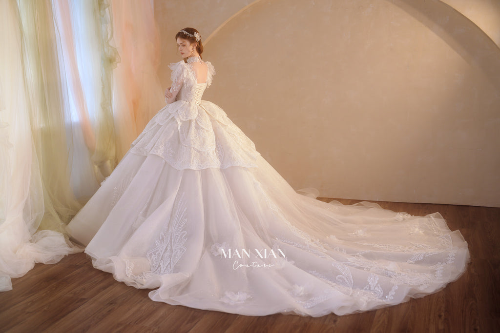 Regal High-Neck Crystal Ball Gown Wedding Dress with Ruffled Sleeves & Cathedral Train