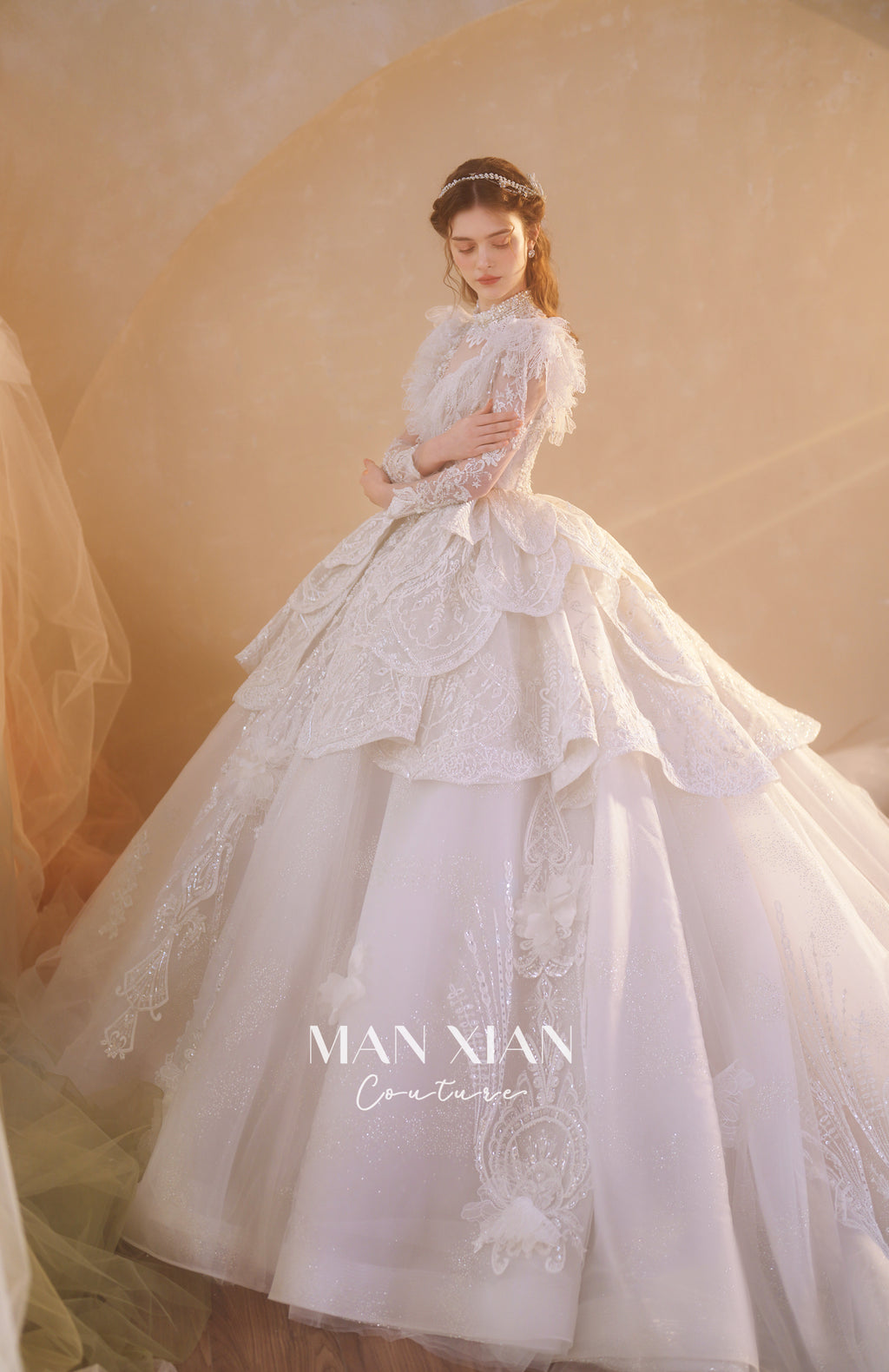 Regal High-Neck Crystal Ball Gown Wedding Dress with Ruffled Sleeves & Cathedral Train