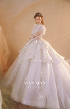 Regal High-Neck Crystal Ball Gown Wedding Dress with Ruffled Sleeves & Cathedral Train