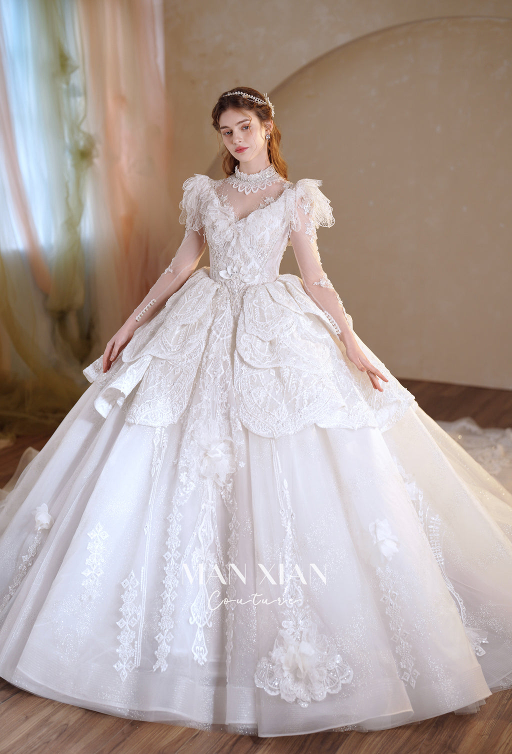 Regal High-Neck Crystal Ball Gown Wedding Dress with Ruffled Sleeves & Cathedral Train