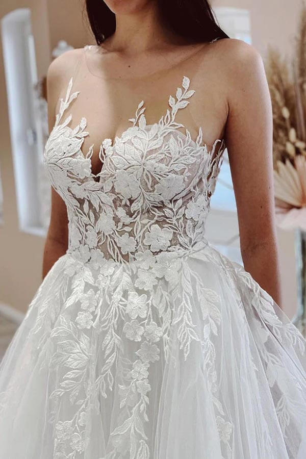 Tulle A-line Sheer Neck Beach Wedding Dress With Lace