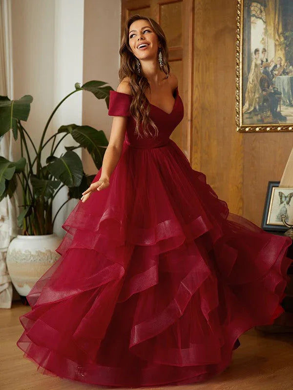 Vestidos de Baile com Folhos de Tule e Ombros Descobertos SYP141