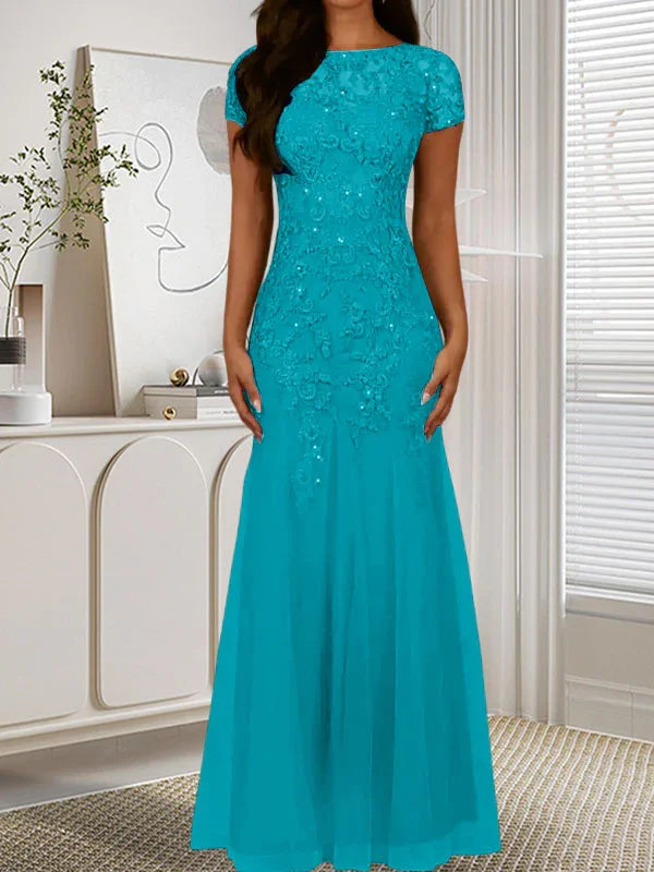 Abito in tulle con scollo a sirena e paillettes blu marina scuro