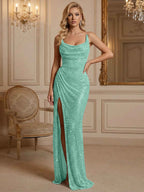 Silver Sequin Cowl Neck Ruched Long Prom Dress With High Slit