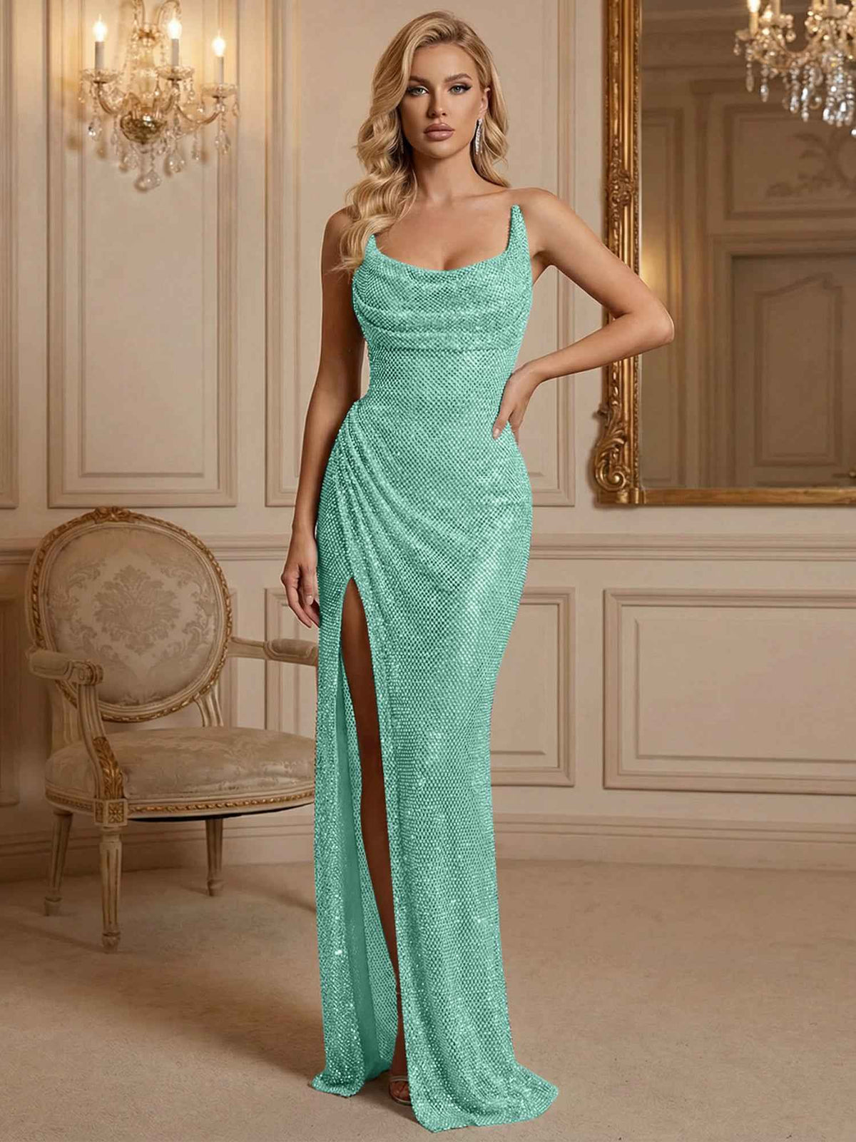 Silver Sequin Cowl Neck Ruched Long Prom Dress With High Slit
