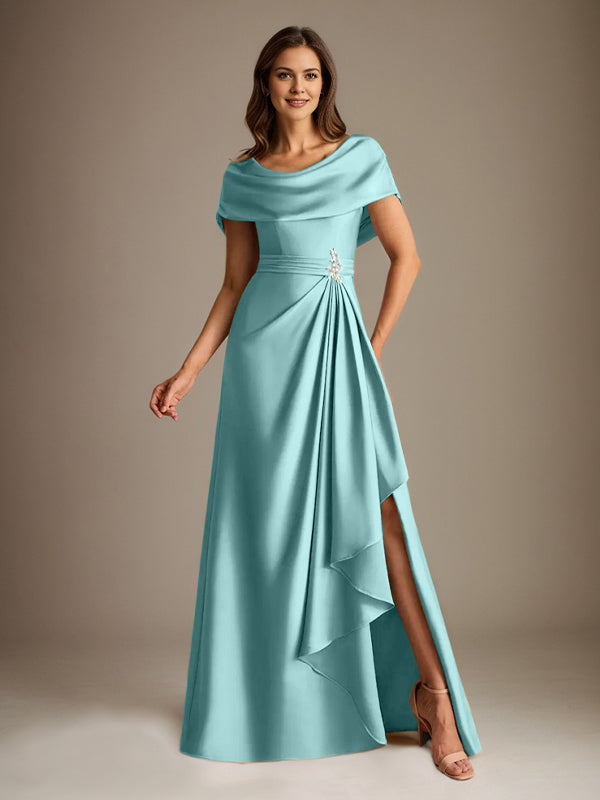 A-Line Scoop Floor-Length Stretch Satin Mother of the Bride Dress With Cascading Ruffles