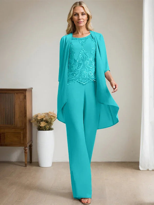 Tuta Separata/Completo Pantaloni Scollo a U Lunghezza Pavimento Chiffon Pizzo Abito Madre della Sposa con Perline e Paillettes