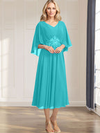 A-line V-Neck Tea-Length Chiffon Mother of the Bride Dress With Pleated Sequins Appliques Lace Beadind