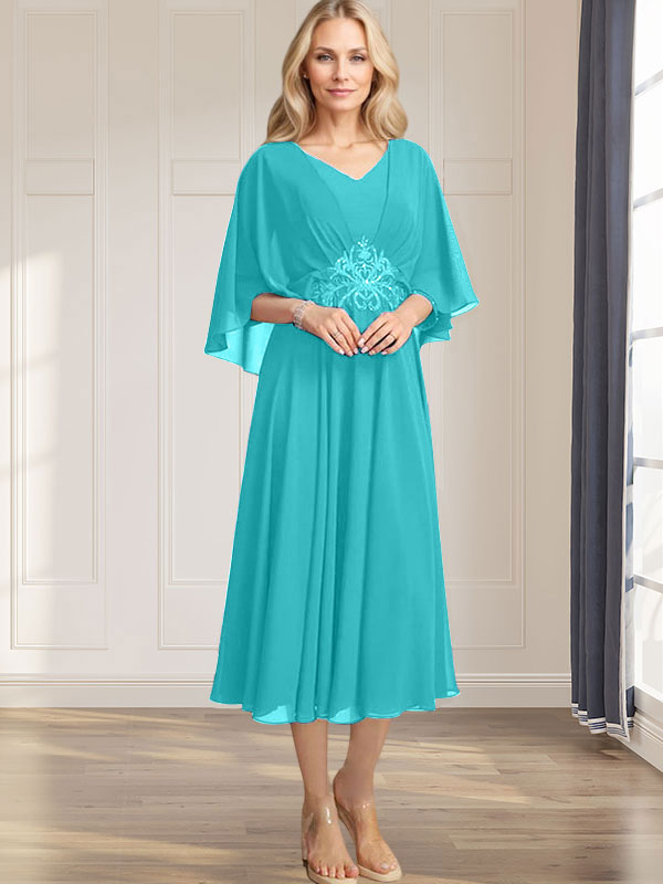 A-line V-Neck Tea-Length Chiffon Mother of the Bride Dress With Pleated Sequins Appliques Lace Beadind