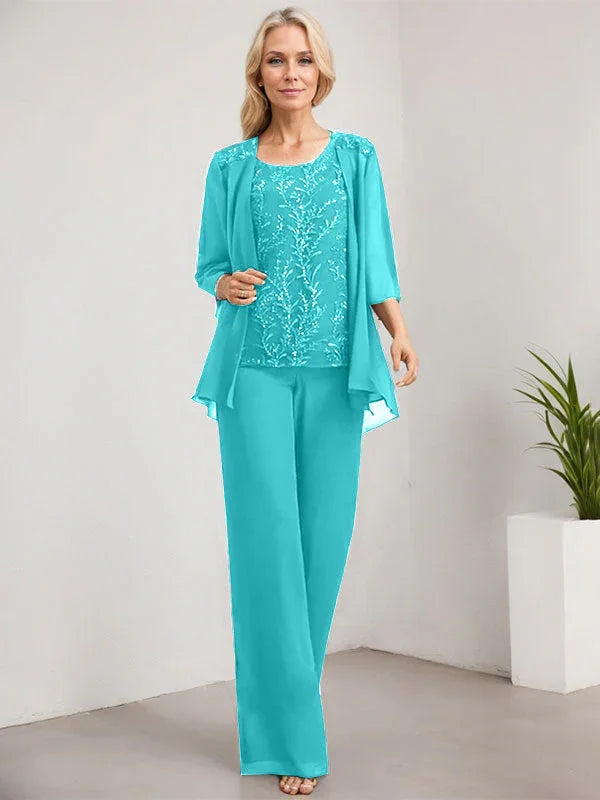 Mono/Pantalón Separado con Escote Redondo, Largo hasta el Suelo, de Encaje y Gasa, Vestido de Madre de la Novia con Lentejuelas