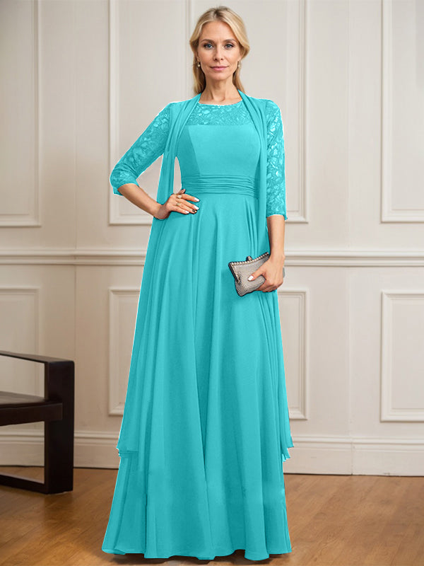 A-line Scoop Illusion Floor-Length Lace Chiffon Mother of the Bride Dress With Pleated