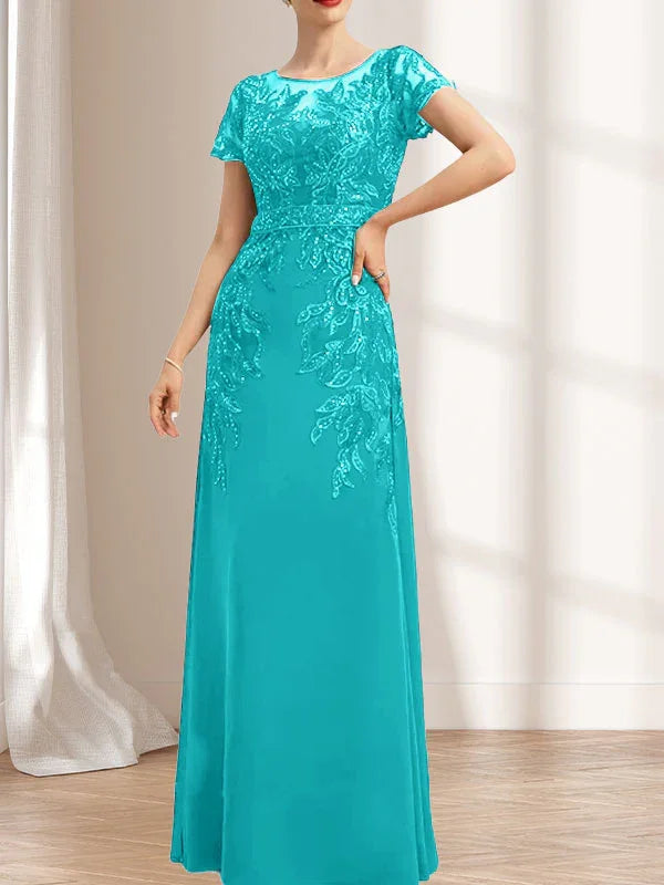 Vestido de madrina de novia con ilusión, corte columna y fajín, largo hasta el suelo, de encaje y gasa con lentejuelas