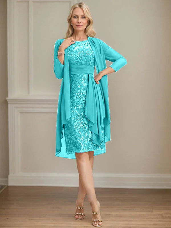 Etui/Säulenförmiges Kleid mit Illusion, knielang, aus Spitze und Chiffon, Brautmutterkleid mit herabfließenden Rüschen und Pailletten