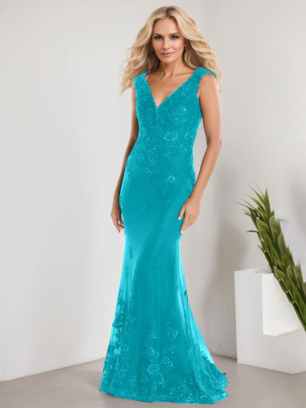A-line V-Neck Floor-Length Lace Chiffon Mother of the Bride Dress With Applique Sequins Mermaid Dresses