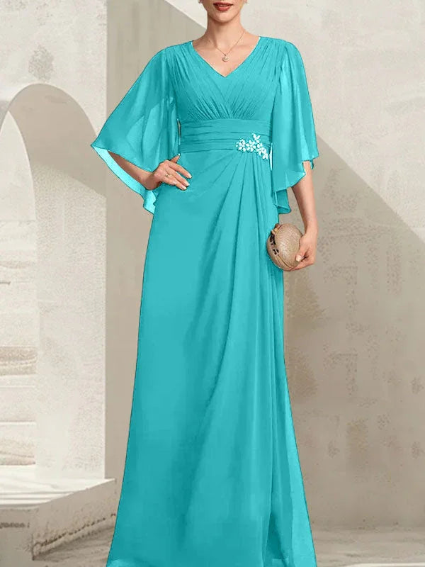 Vestido de madrina de novia de gasa largo hasta el suelo, corte columna y escote en V, con lentejuelas plisadas y abalorios