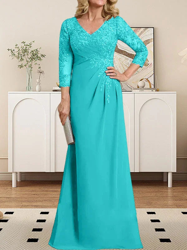 Vestido de madrina de novia con escote en V ilusión, corte columna, largo hasta el suelo, de encaje y gasa con lentejuelas plisadas