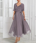 A-Line/Princess Chiffon V Neck Short Sleeves Mother of the Bride Dresses with Lace Jacket Pleats Appliques