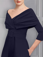 Mother Of The Bride Pantsuit With Belt Long Sleeve Scoop Neck