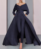 Mother Of The Bride Pantsuit With Belt Long Sleeve Scoop Neck
