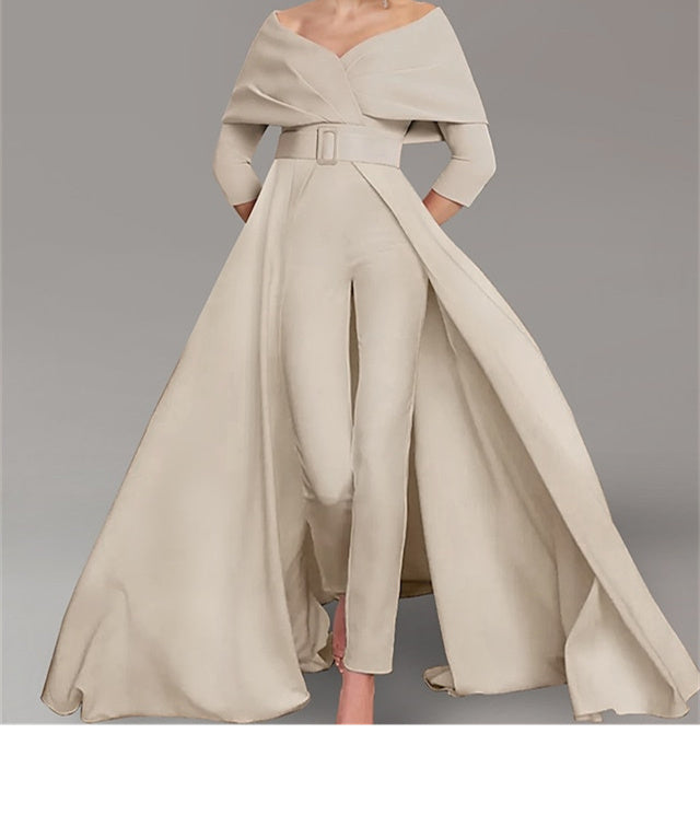 Mother Of The Bride Pantsuit With Belt Long Sleeve Scoop Neck