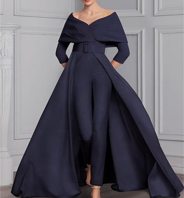Mother Of The Bride Pantsuit With Belt Long Sleeve Scoop Neck